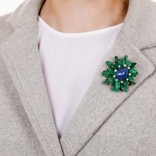 Star Sapphire and Carved Emerald Brooch