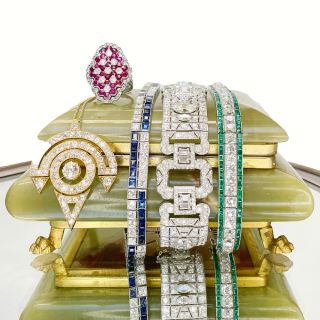 Tiffany & Co. Art Deco French-Cut Diamond and Calibre Emerald Bracelet