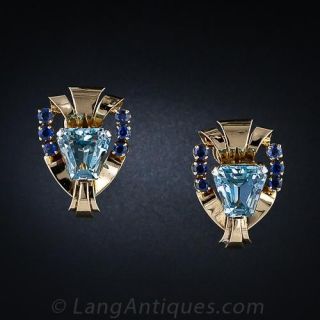 Tiffany  & Co. Retro Aquamarine and Sapphire Earrings - 1