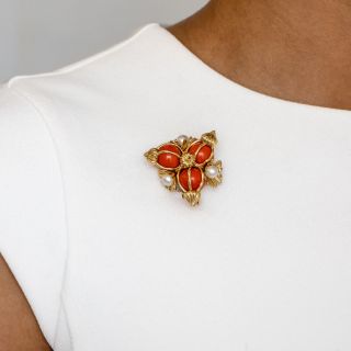 Tiffany & Co./Schlumberger Coral and Cultured Pearl Acorn Clip Brooch