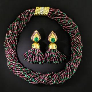 Tourmaline and Emerald Torsade and Tassel Earrings - 10
