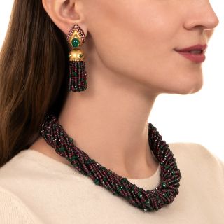 Tourmaline and Emerald Torsade and Tassel Earrings