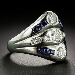 Triple Diamond and Sapphire Art Deco Ring