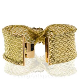 Two-Tone Gold Wide Mesh Bracelet with Diamonds and Sapphires