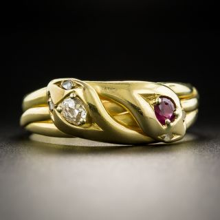 Victorian 18K Ruby Diamond Double Snake Ring - Size 10 3/4 - 2