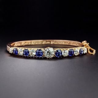Victorian 2.09 Carat Center Diamond and No-Heat Sapphire Bangle Bracelet - GIA - 1