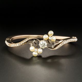 Victorian .91 Carat Diamond And Pearl Bangle Bracelet - 2