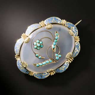 Victorian Agate, Turquoise and Enamel Brooch - 2