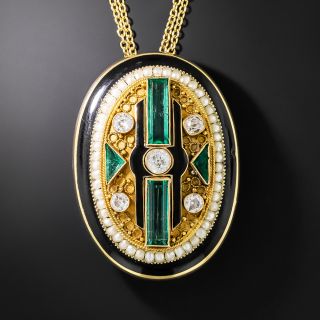 Victorian/Art Deco Emerald, Diamond and Enamel Pendant/Brooch - 2