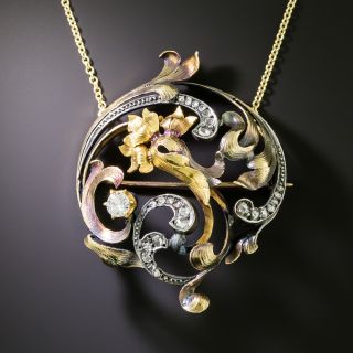 Victorian/Art Nouveau Diamond Floral Swirl Pendant/Brooch - 1
