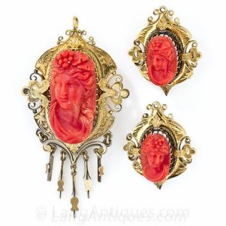 Victorian Bacchus Coral Earrings and Pendant/Brooch - 1