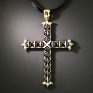 Victorian Banded Agate and Pearl Cross Pendant - 1