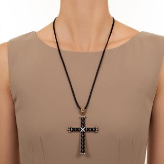 Victorian Banded Agate and Pearl Cross Pendant