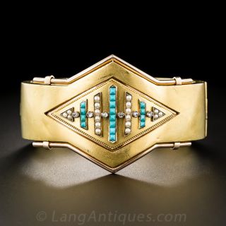 Victorian Bangle with Seed Pearls, Turquoise and Diamonds