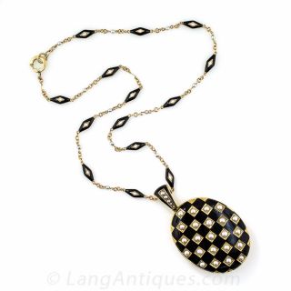 Victorian Black Enamel and Pearl Locket Necklace