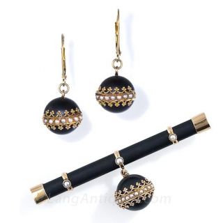 Victorian Black Enamel and Seed Pearl Pin and Earrings - 2