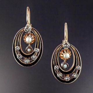 Victorian Black Enamel, Diamond and Pearl Drop Earrings - 1
