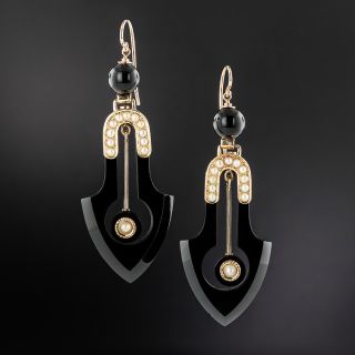 Victorian Black Onyx and Seed Pearl Dangle Earrings - 5