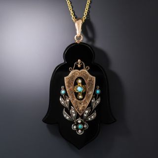 Victorian Black Onyx Pendant/Locket with Turquoise and Pearls - 2