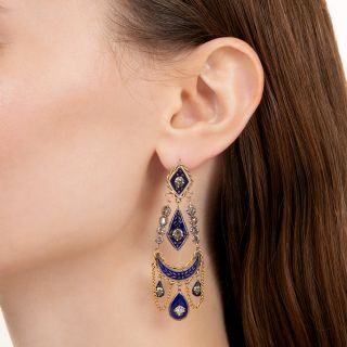 Victorian Blue Enamel and Diamond Dangle Earrings
