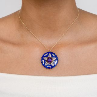 Victorian Blue Enamel, Diamond and Amethyst Brooch/Pendant