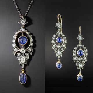 Victorian Cabochon Sapphire and Diamond Earrings and Pendant Suite - 2