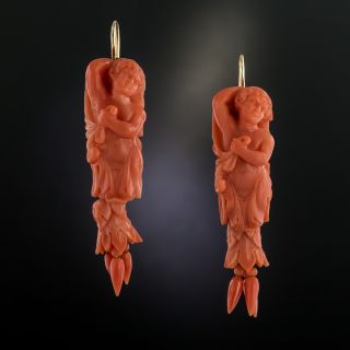 Victorian Carved Coral Dangle Earrings  - 2