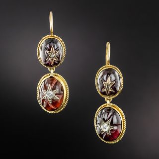 Victorian Carved Garnet with Diamond Starburst Dangle Earrings - 2