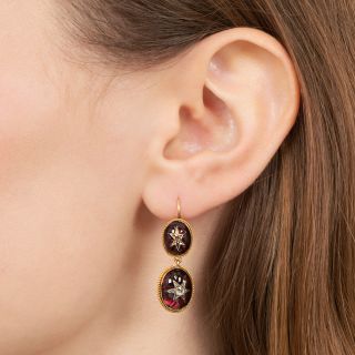Victorian Carved Garnet with Diamond Starburst Dangle Earrings