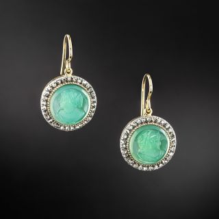 Victorian Carved Green Chalcedony Cameo and Diamond Earrings - 2
