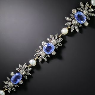 Victorian Ceylon Sapphire, Diamond and Natural Pearl Bracelet  - 2