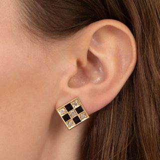 Victorian Checkerboard Diamond and Black Enamel Earrings