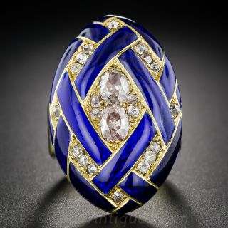 Victorian Cobalt Enamel Diamond Locket Ring  - 1
