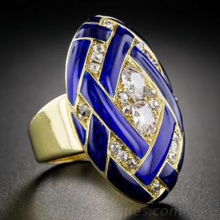 Victorian Cobalt Enamel Diamond Locket Ring 