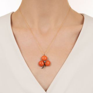 Victorian Coral and Diamond Three-Leaf Clover Pendant