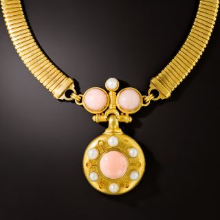 Victorian  Coral and Freshwater Pearl Locket Necklace - 2