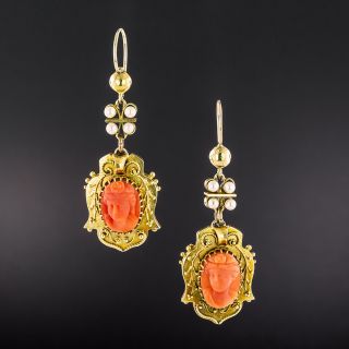 Victorian Coral Cameo and Pearl Dangle Earrings  - 2