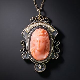 Victorian Coral Cameo and Seed Pearl Pendant - 3
