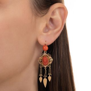 Victorian Coral Cameo Dangle Earrings 