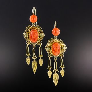 Victorian Coral Cameo Dangle Earrings  - 2