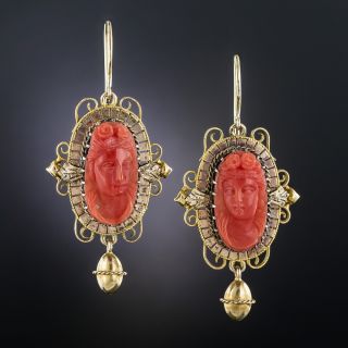 Victorian Coral Cameo Earrings - 1