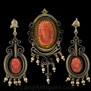 Victorian Coral Cameo Pin and Clip Earring Suite Main View