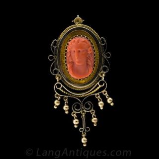 Victorian Coral Cameo Pin and Clip Earring Suite