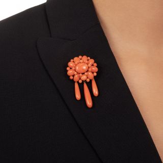 Victorian Coral Cluster And Dangles Brooch
