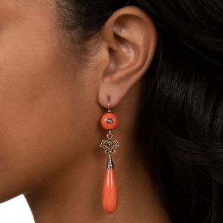 Victorian Coral, Diamond and Enamel Drop Earrings