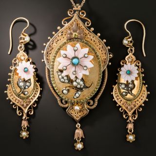 Victorian Coral,Turquoise, Pearl Pendant/Brooch and Earring Suite - 2