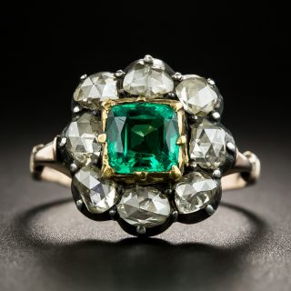 Victorian Cushion-Cut Emerald and Diamond Cluster Ring - 1