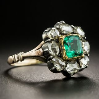 Victorian Cushion-Cut Emerald and Rose-Cut Diamond Cluster Ring
