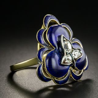 Victorian Diamond and Blue Enamel Clover Ring, Size 6 3/4