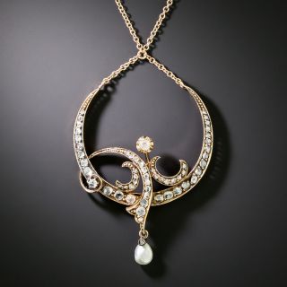 Victorian Diamond and Natural Pearl Crescent Necklace - 2